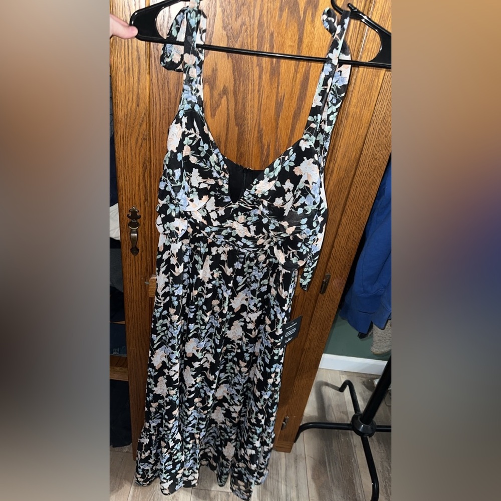 Lush Loveliness Black Floral Lurex Tie-Strap Midi Dress